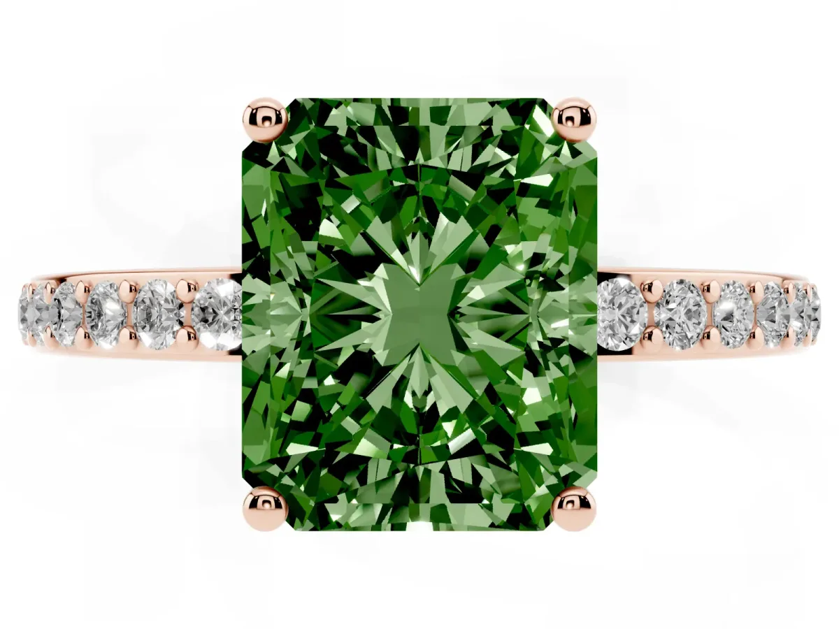 Fancy Green Radiant Cut Cut Diamond Pavé Band Ring with Four-Prong Setting Rose gold