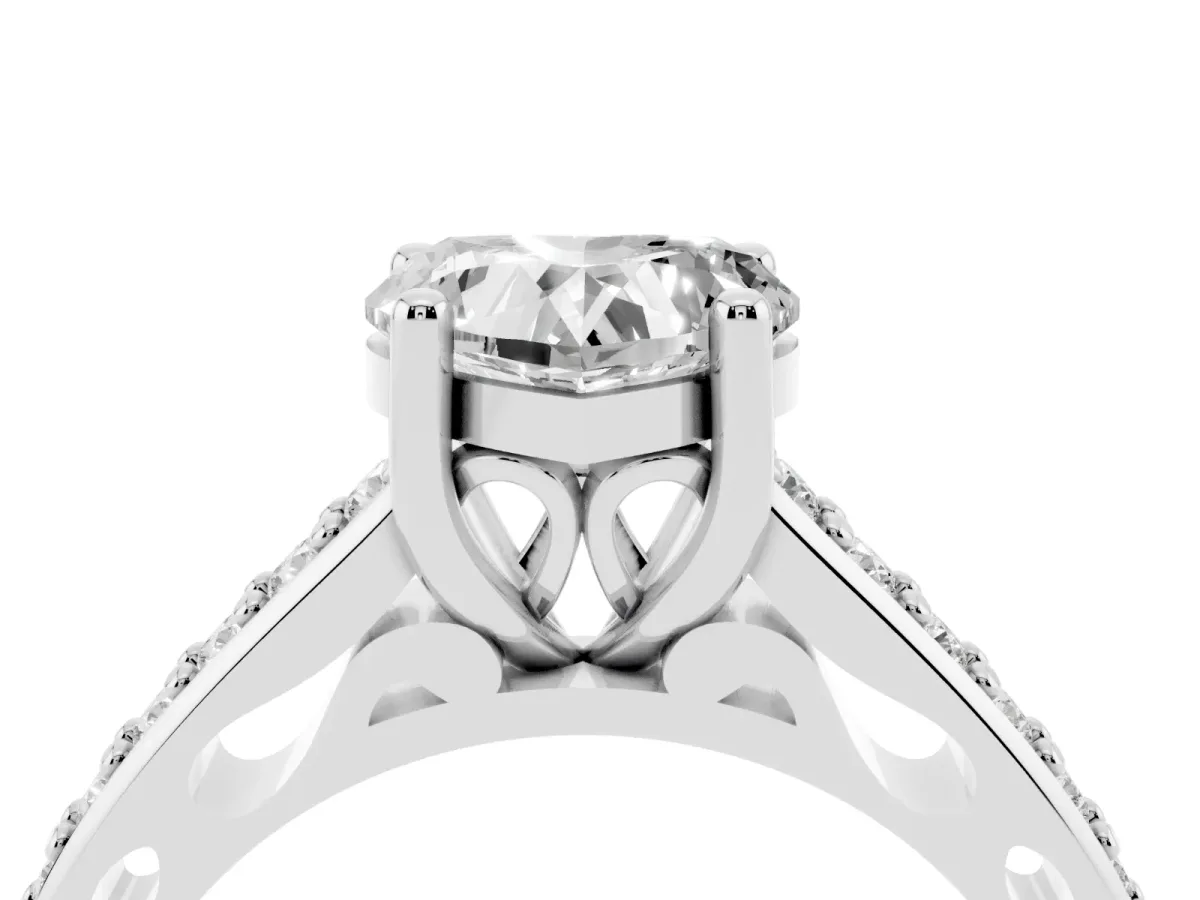Heart Cut Solitaire Prong Set Diamond Engagement Ring with Pave Band Silver