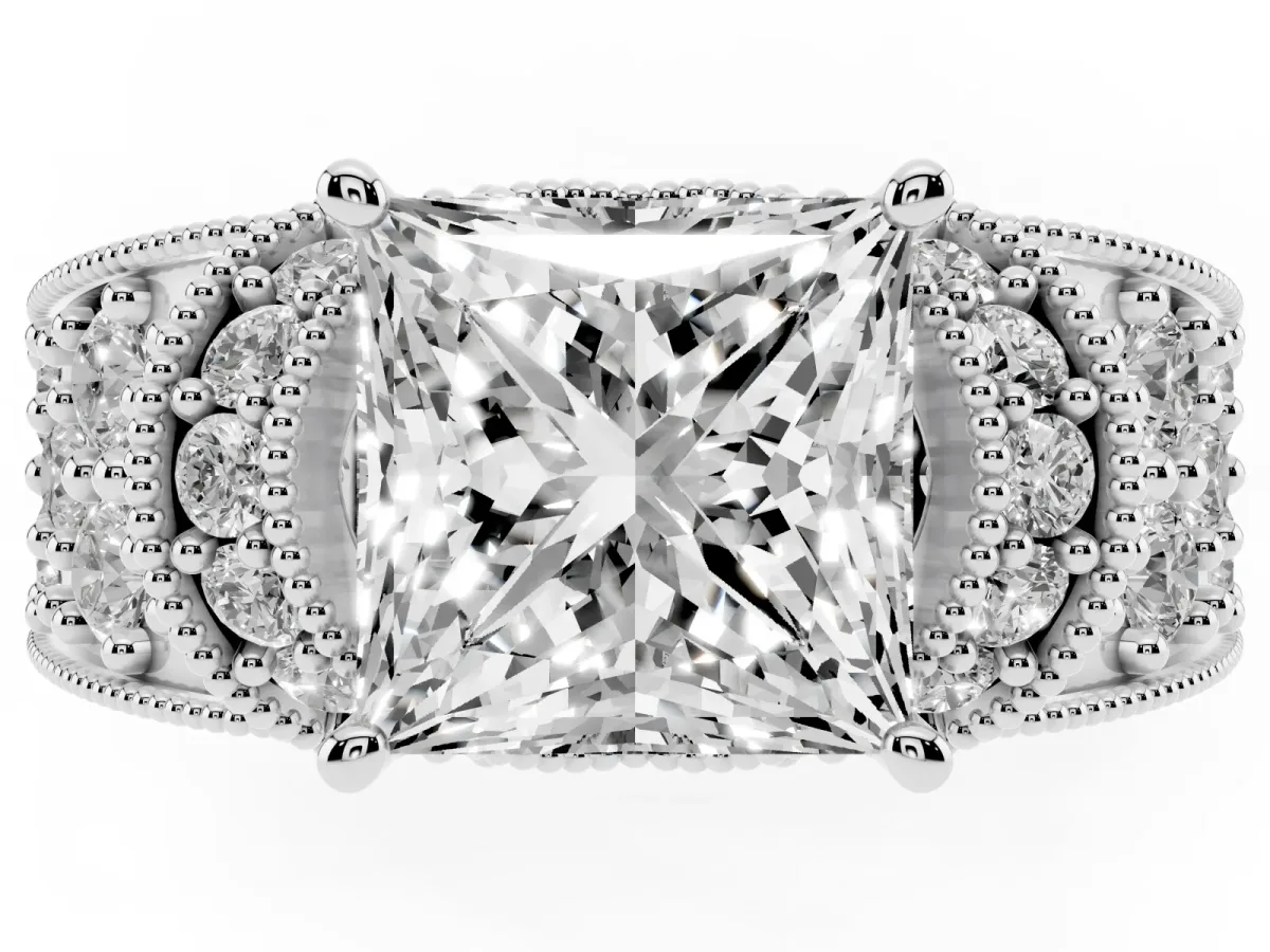 Princess Cut Halo Pave Diamond Engagement Ring with Milgrain Detailing Silver