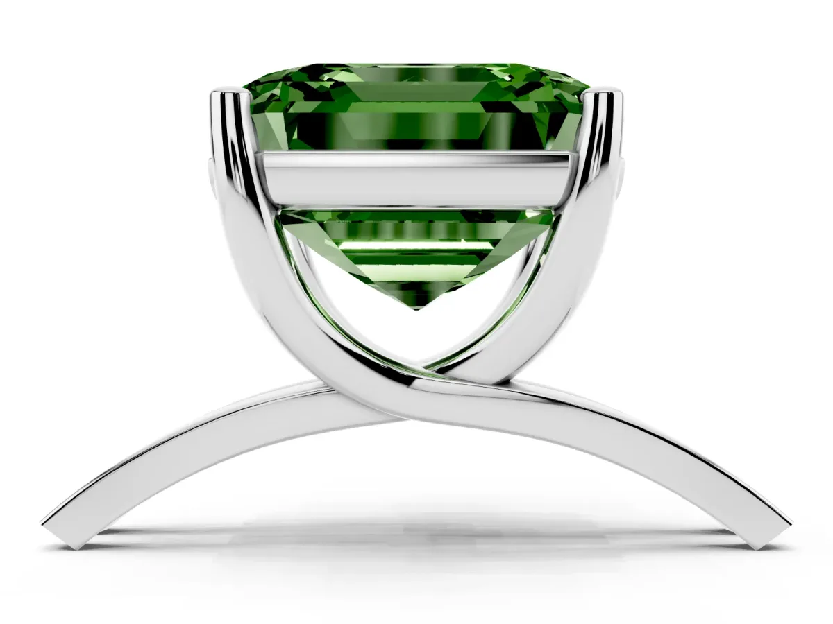 Fancy Green Asscher Cut Cut Diamond Solitaire Engagement Ring with Tapered Plain Band and Four-Prong Setting Silver