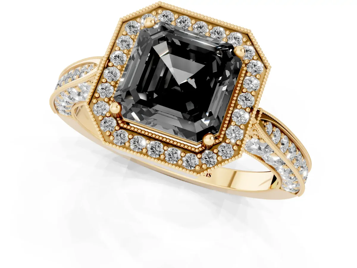 Fancy Black Asscher Cut Halo Diamond Engagement Ring with Split Shank Band and Four-Prong Setting Yellow gold