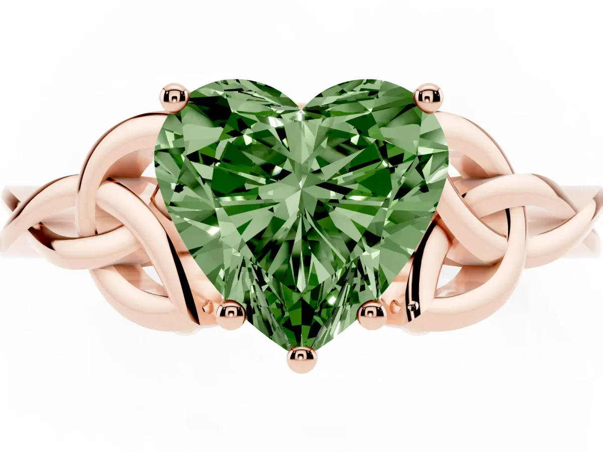 Fancy Green Heart Cut Diamond Solitaire Engagement Ring with Celtic Knot Band and Four-Prong Setting Rose gold