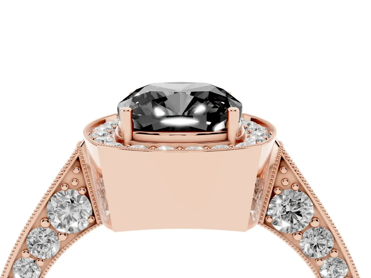Fancy Black Cushion Cut Halo Diamond Engagement Ring with Split Shank Band and Four-Prong Setting Rose gold