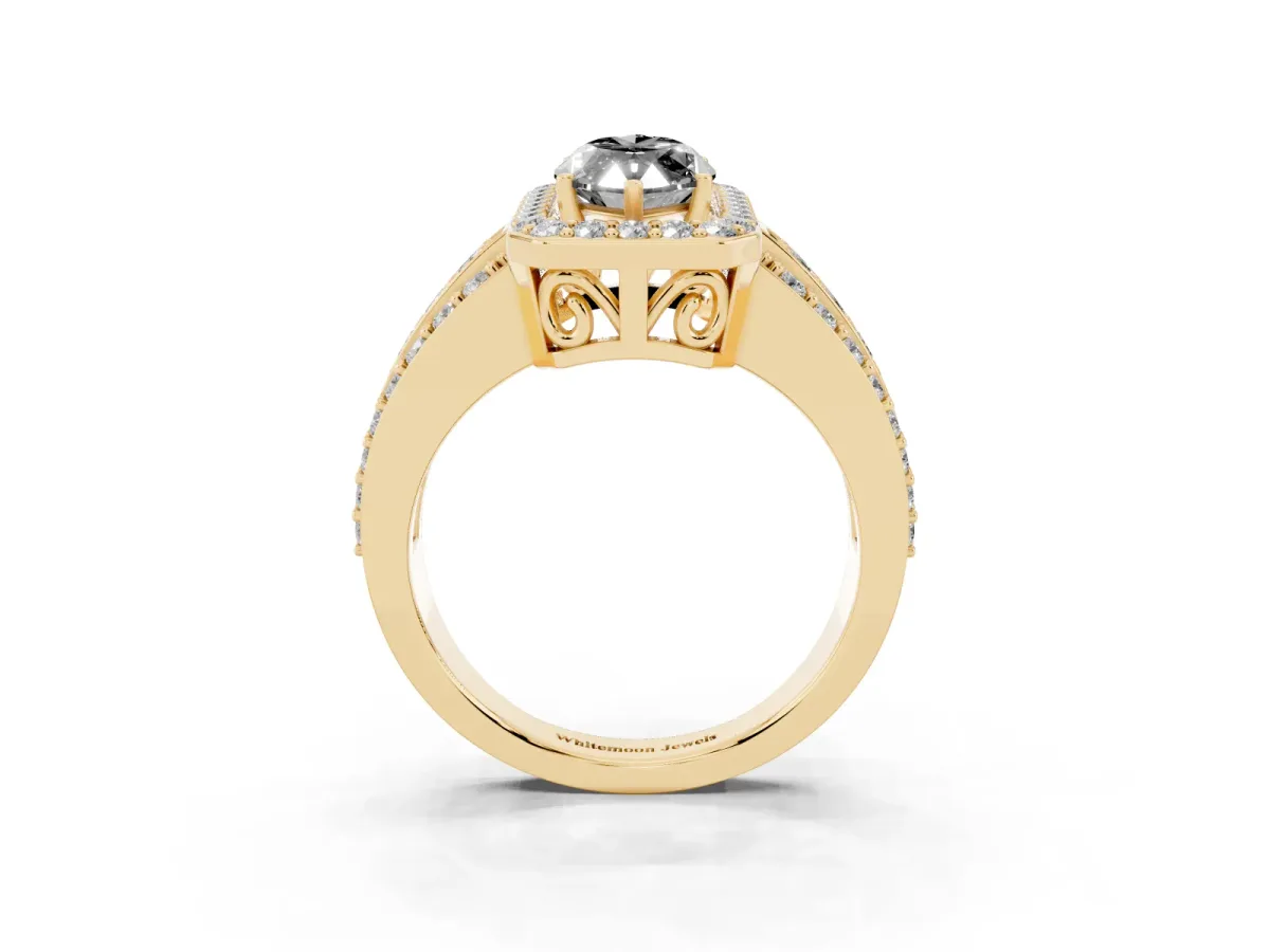 Fancy Black Marquise Cut Halo Diamond Ring with Round Split Shank and Prong Setting Yellow gold