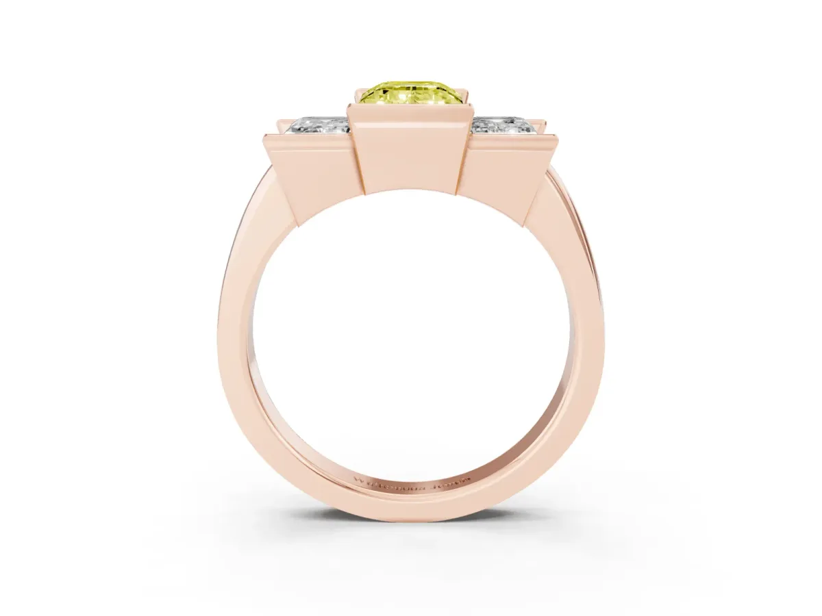 Fancy Yellow Three Stone Emerald Cut Cut Channel Set Diamond Ring Rose gold