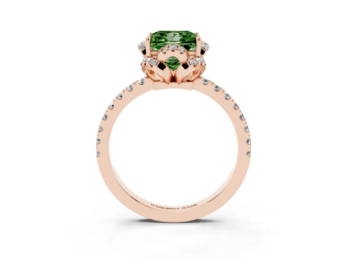 Fancy Green Princess Cut Diamond Halo Pave Band with Four-Prong Setting Rose gold