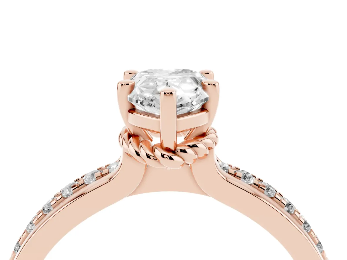 Pear Cut Solitaire Diamond Ring with Channel Set Band and Six-Prong Setting Rose gold