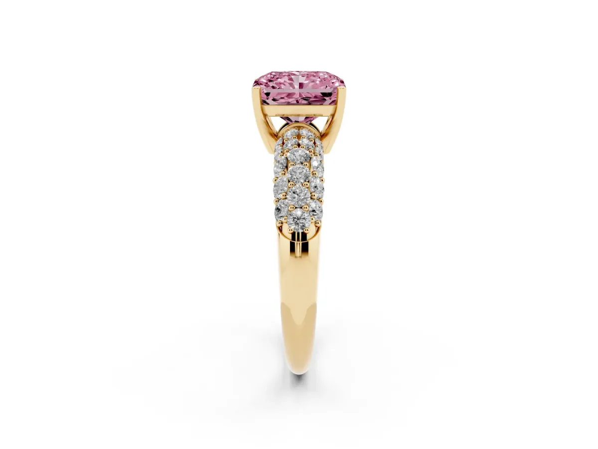 Fancy Pink Radiant Cut Diamond Pavé Band Solitaire Ring with Four-Prong Setting Yellow gold