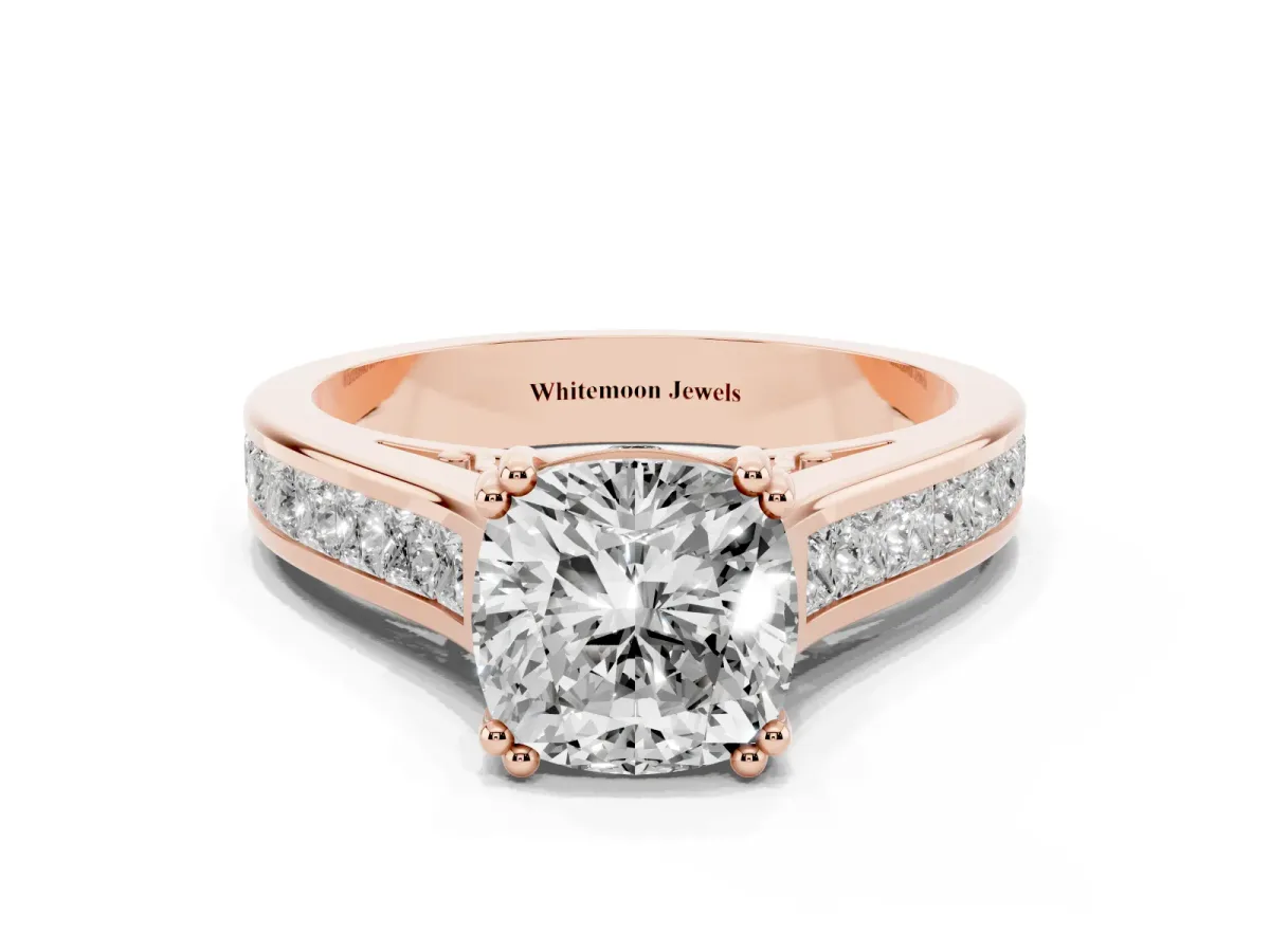 Cushion Cut Cut Channel Set Solitaire Engagement Ring with Prong Setting Rose gold