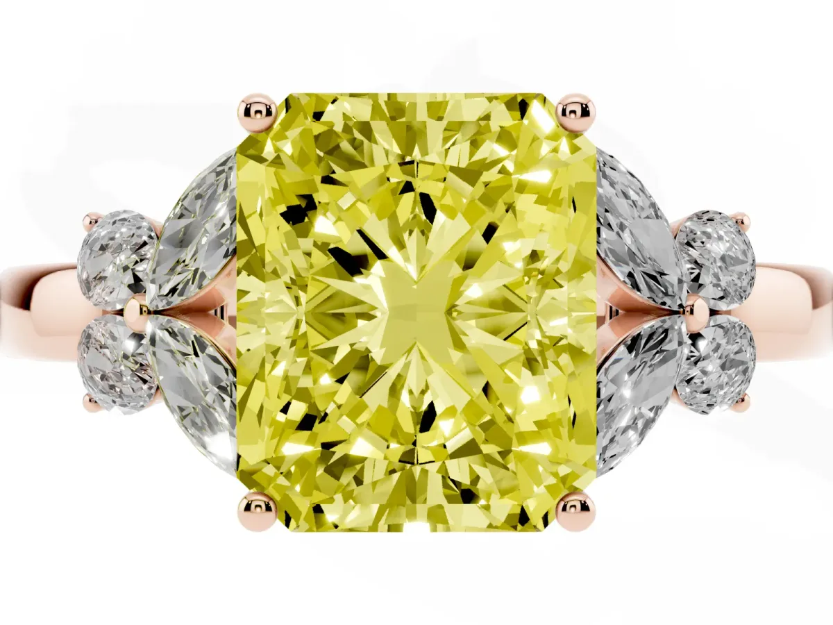 Fancy Yellow Radiant Cut Cut Solitaire Floral Diamond Ring with Four-Prong Setting Rose gold