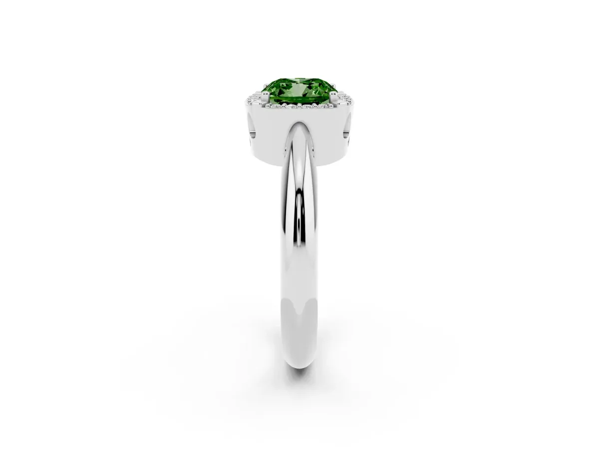 Fancy Green Cushion Cut Cut Diamond Halo Engagement Ring with Split Shank and Four-Prong Setting Silver
