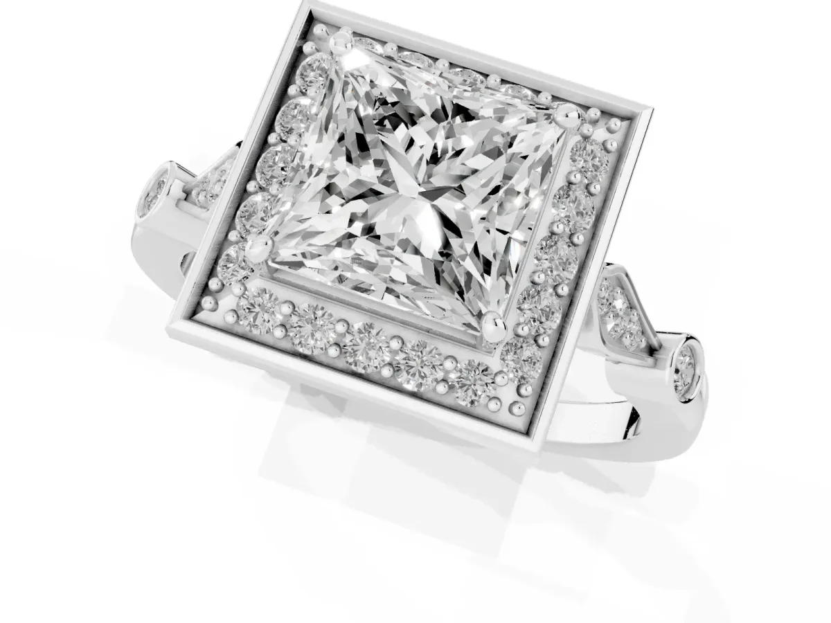 Princess Cut Halo Diamond Engagement Ring with Twisted Band and Four-Prong Setting Platinum