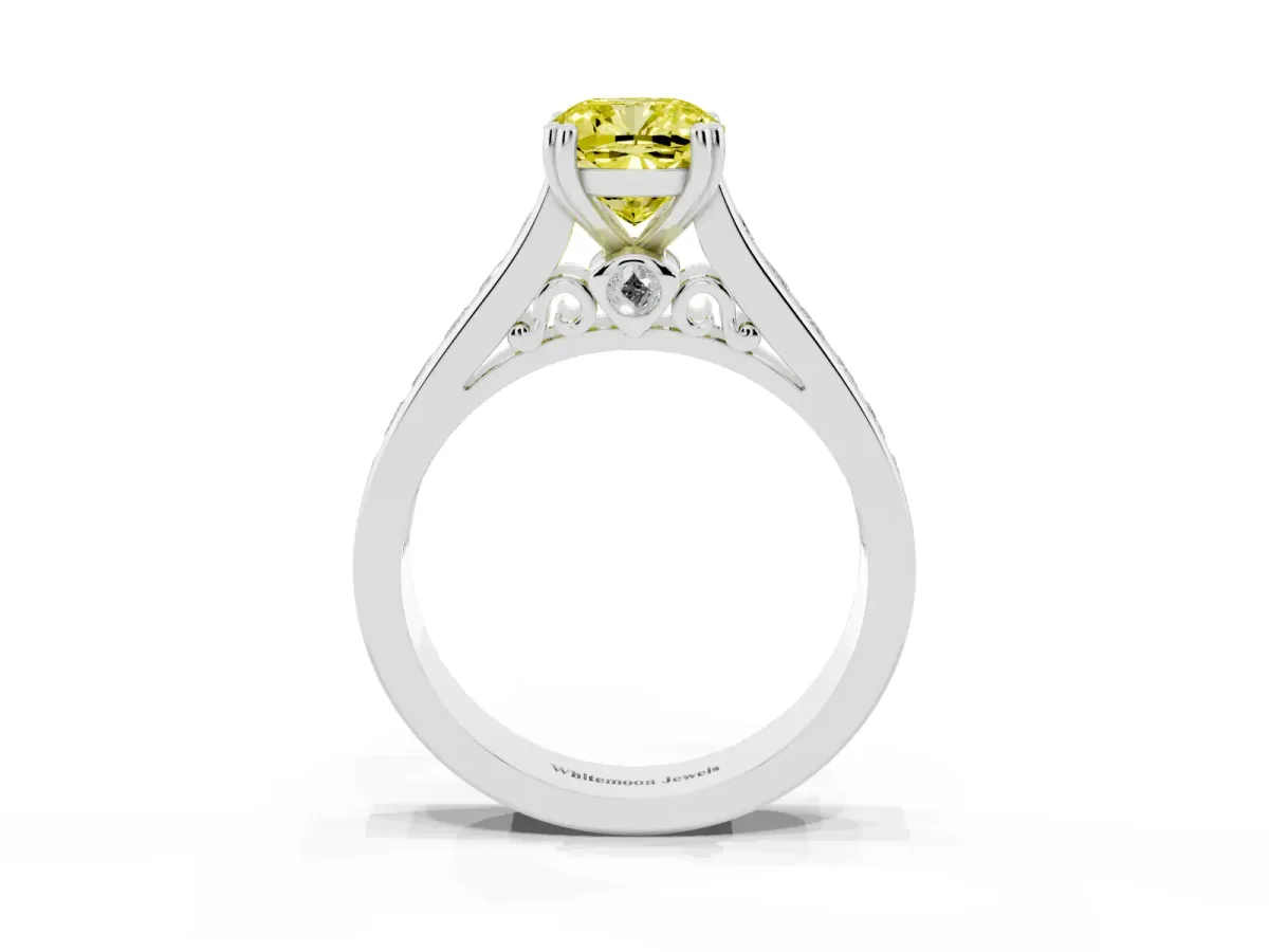 Fancy Yellow Cushion Cut Cut Channel Set Solitaire Engagement Ring with Prong Setting Silver