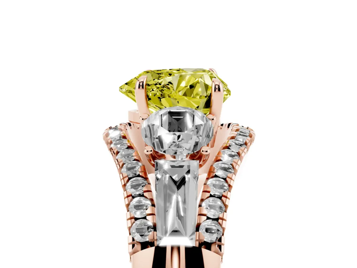 Fancy Yellow Three-Stone Heart Cut Diamond Engagement Ring with Pave Band and Prong Setting Rose gold