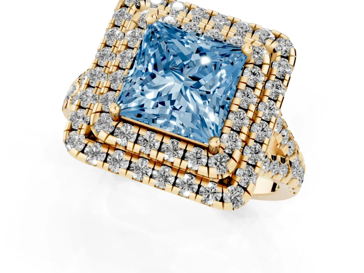 Fancy Blue Double Halo Princess Cut Diamond Pavé Split Shank Ring with Prong Setting Yellow gold