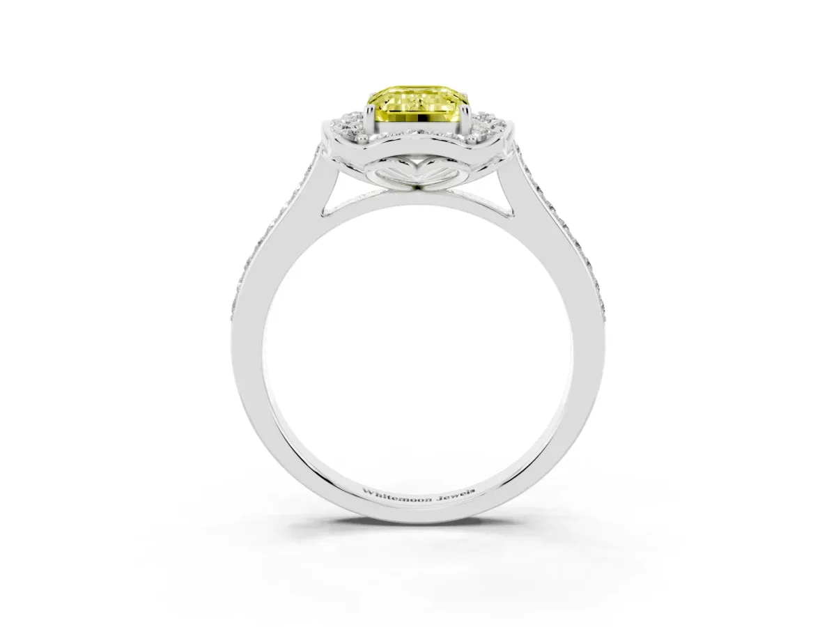 Fancy Yellow Emerald Cut Halo Round Diamond Pave Band with Four-Prong Setting Silver
