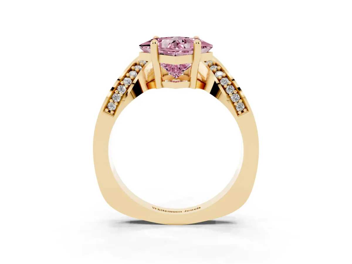 Fancy Pink Princess Cut Solitaire Diamond Engagement Ring with Pave Band and Four-Prong Setting Yellow gold
