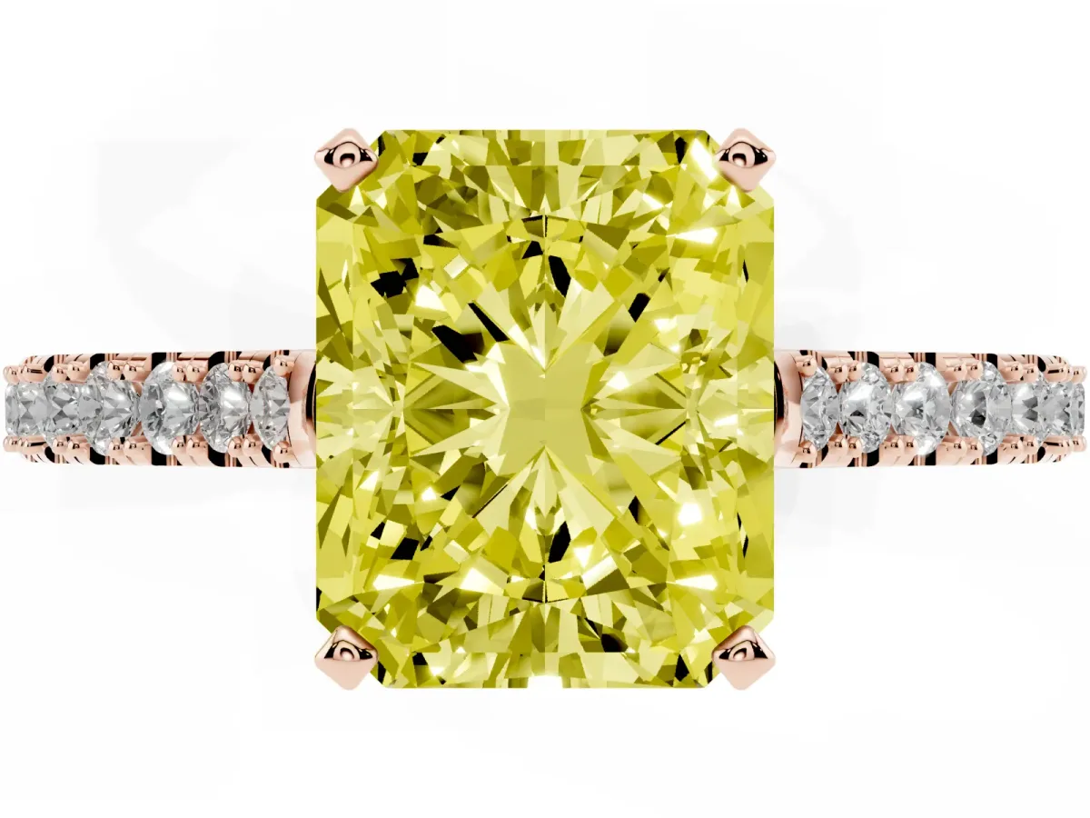 Fancy Yellow Radiant Cut Cut Solitaire Diamond Engagement Ring with Pave Band and Four-Prong Setting Rose gold