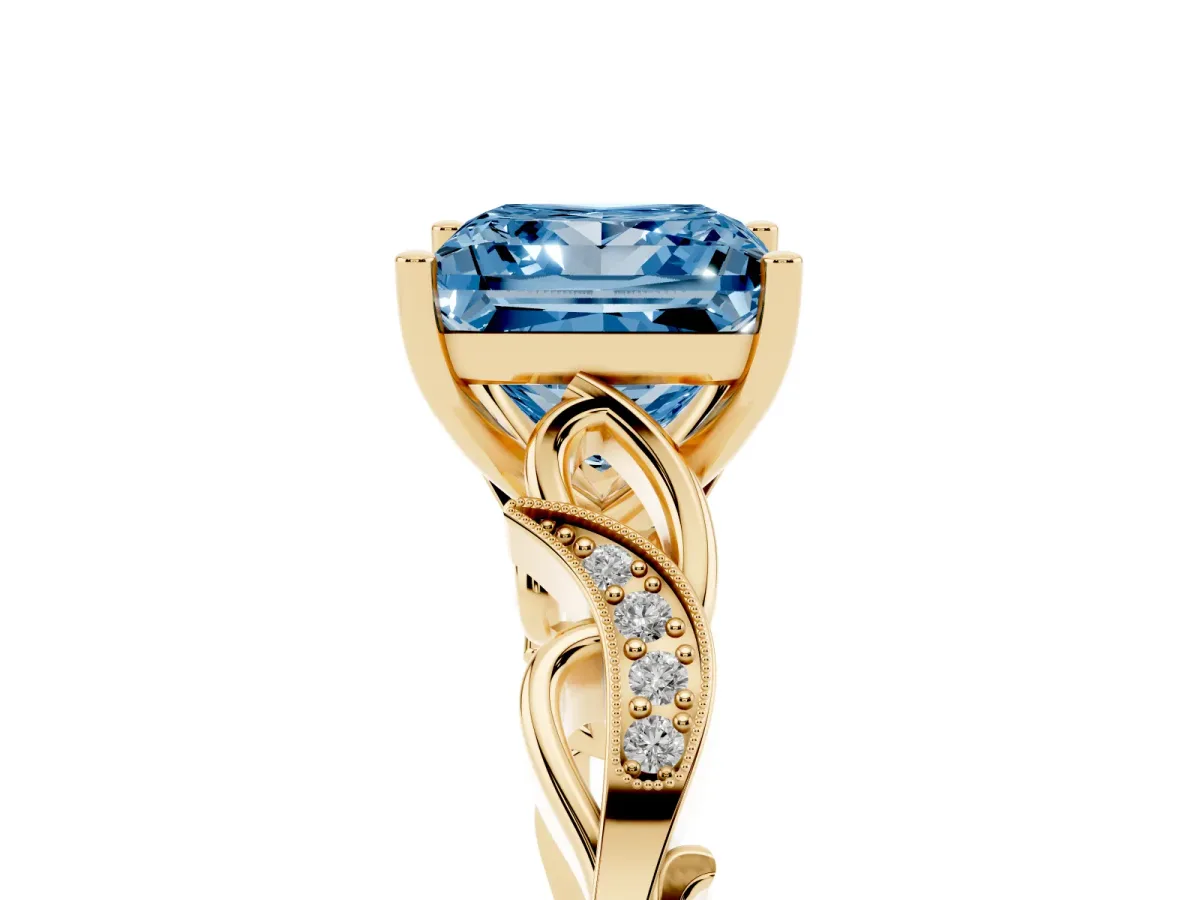 Fancy Blue Princess Cut Solitaire Vine Band with Milgrain Prong Setting Yellow gold