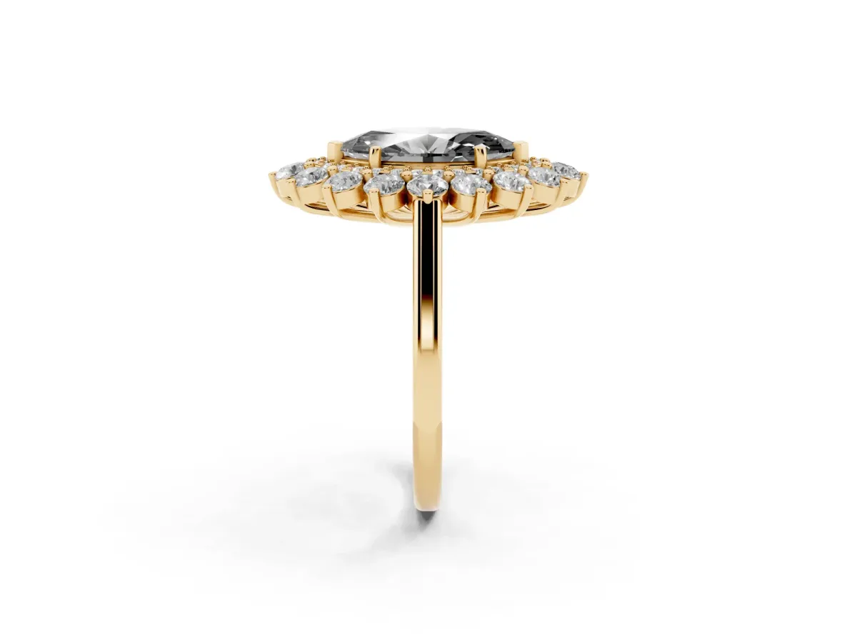 Fancy Black Marquise Cut Diamond Floral Double Halo Engagement Ring with Prong Setting Yellow gold