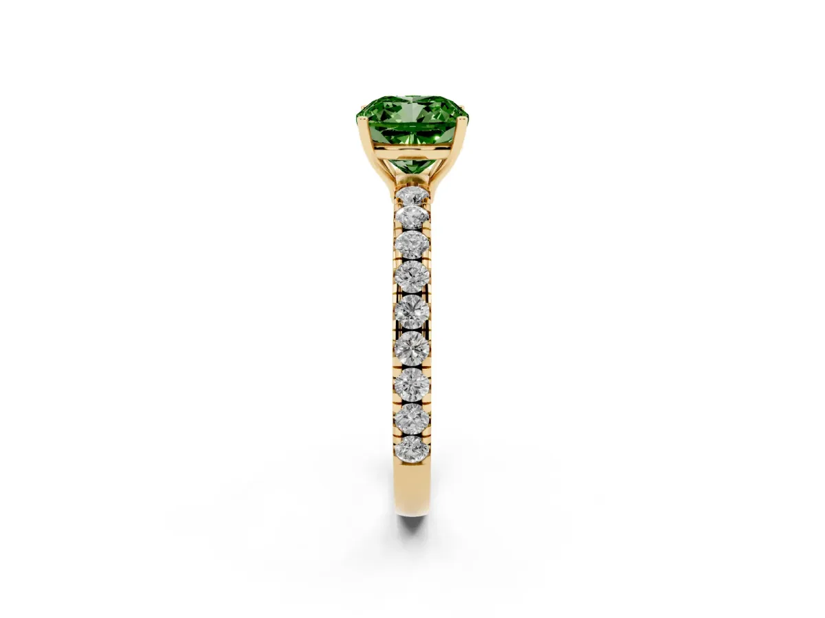 Fancy Green Cushion Cut Diamond Pavé Solitaire Engagement Ring with Four-Prong Setting Yellow gold