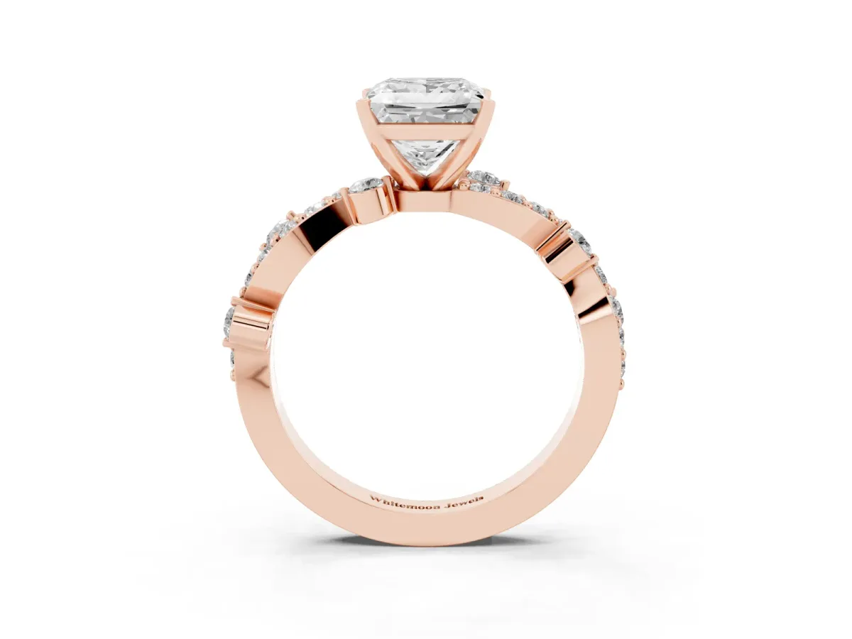 Princess Cut Cut Solitaire Diamond Twisted Band with Pave Setting Rose gold