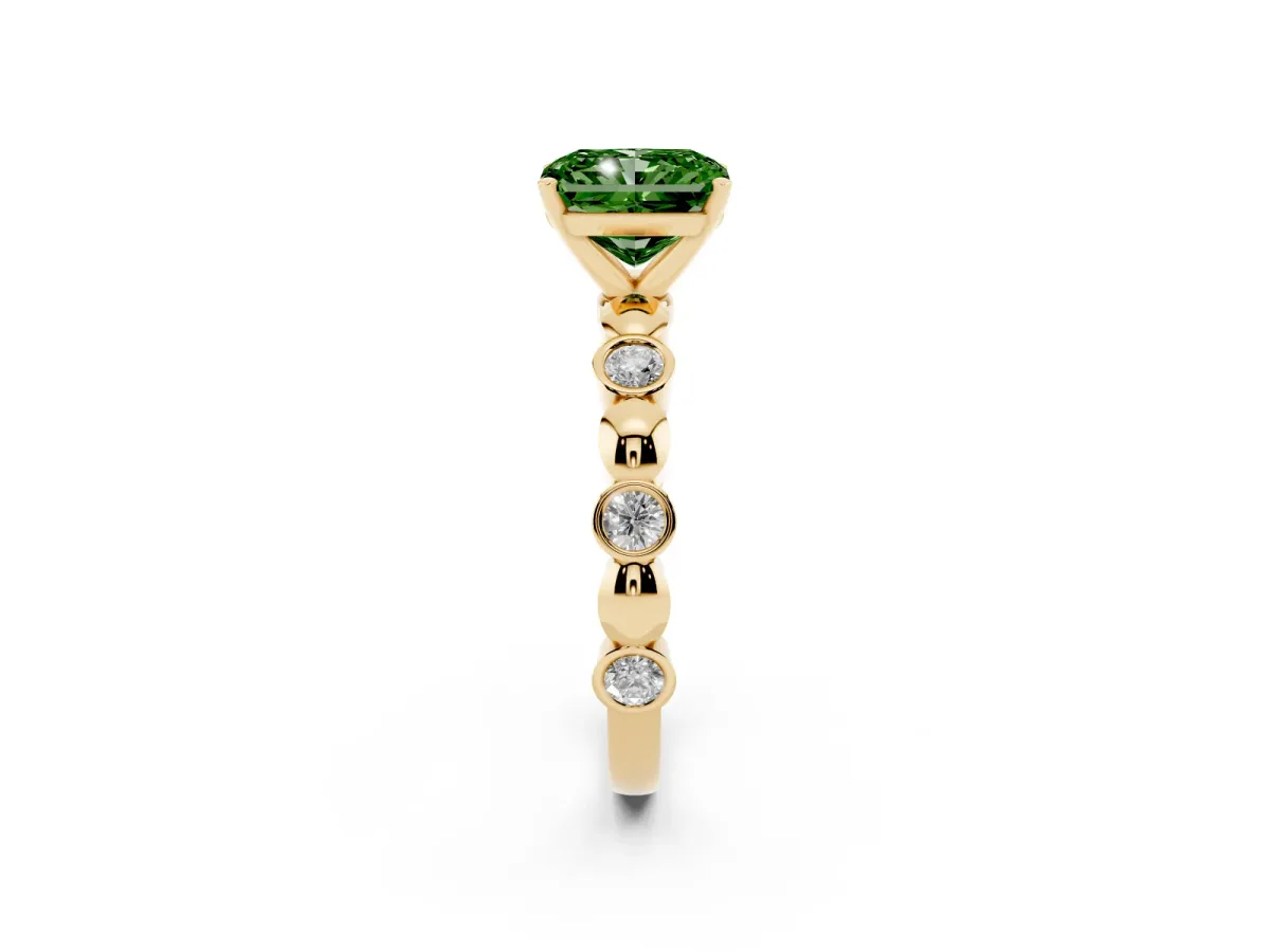 Fancy Green Radiant Cut Solitaire Bezel-Set Diamond Ring with Beaded Band and Four-Prong Setting Yellow gold