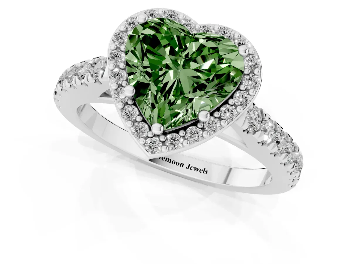 Fancy Green Heart Cut Cut Halo Diamond Engagement Ring with Pave Band and Four-Prong Setting Platinum