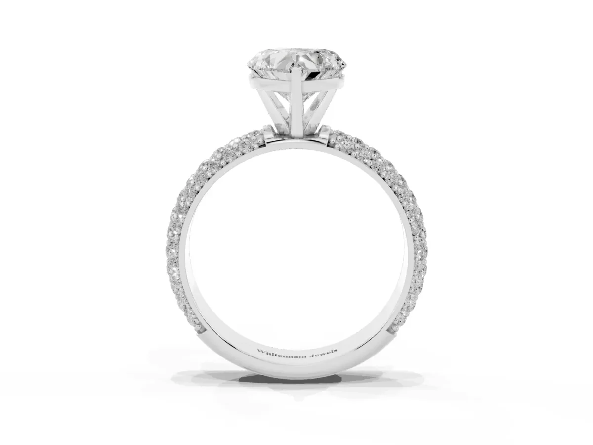 Heart Cut Diamond Solitaire Ring with Prong Setting and Pavé Band Silver