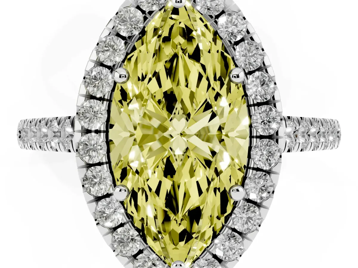 Fancy Yellow Marquise Cut Halo Pavé Diamond Engagement Ring with Four-Prong Setting Silver