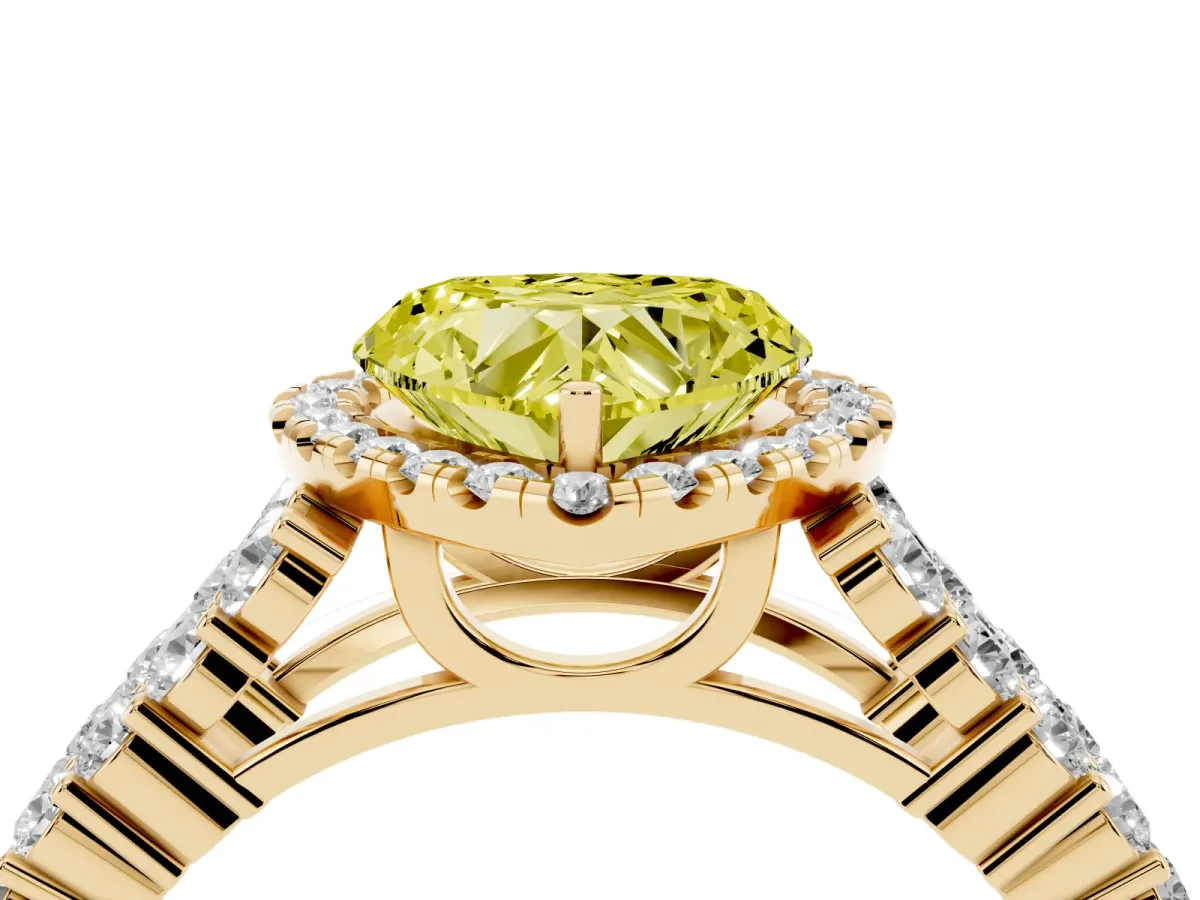 Fancy Yellow Heart Cut Diamond Halo Engagement Ring with Triple Row Round Pavé Band and Prong Setting Yellow gold