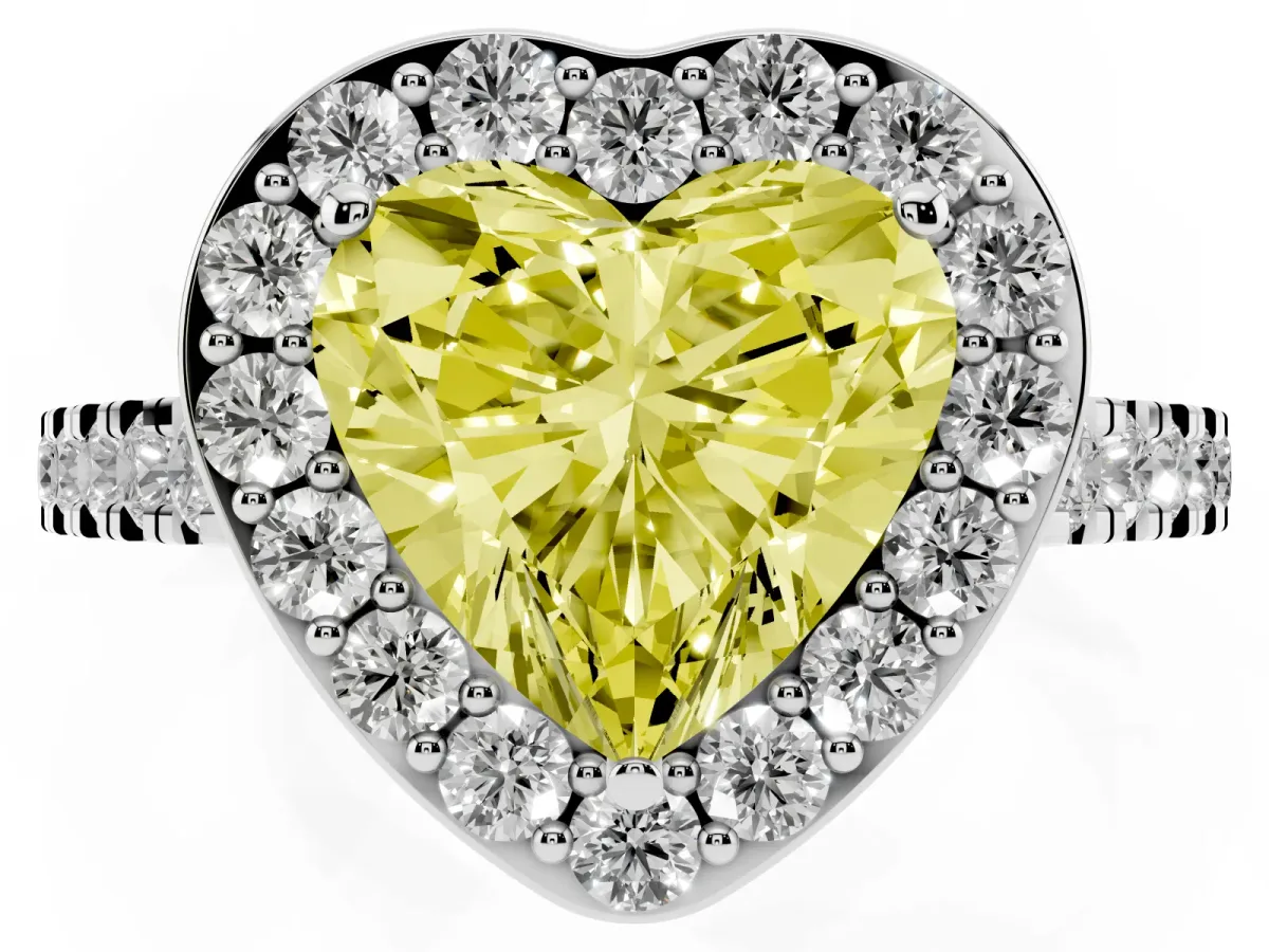 Fancy Yellow Heart Cut Diamond Halo Ring with Round Pavé Split Shank and Prong Setting Silver