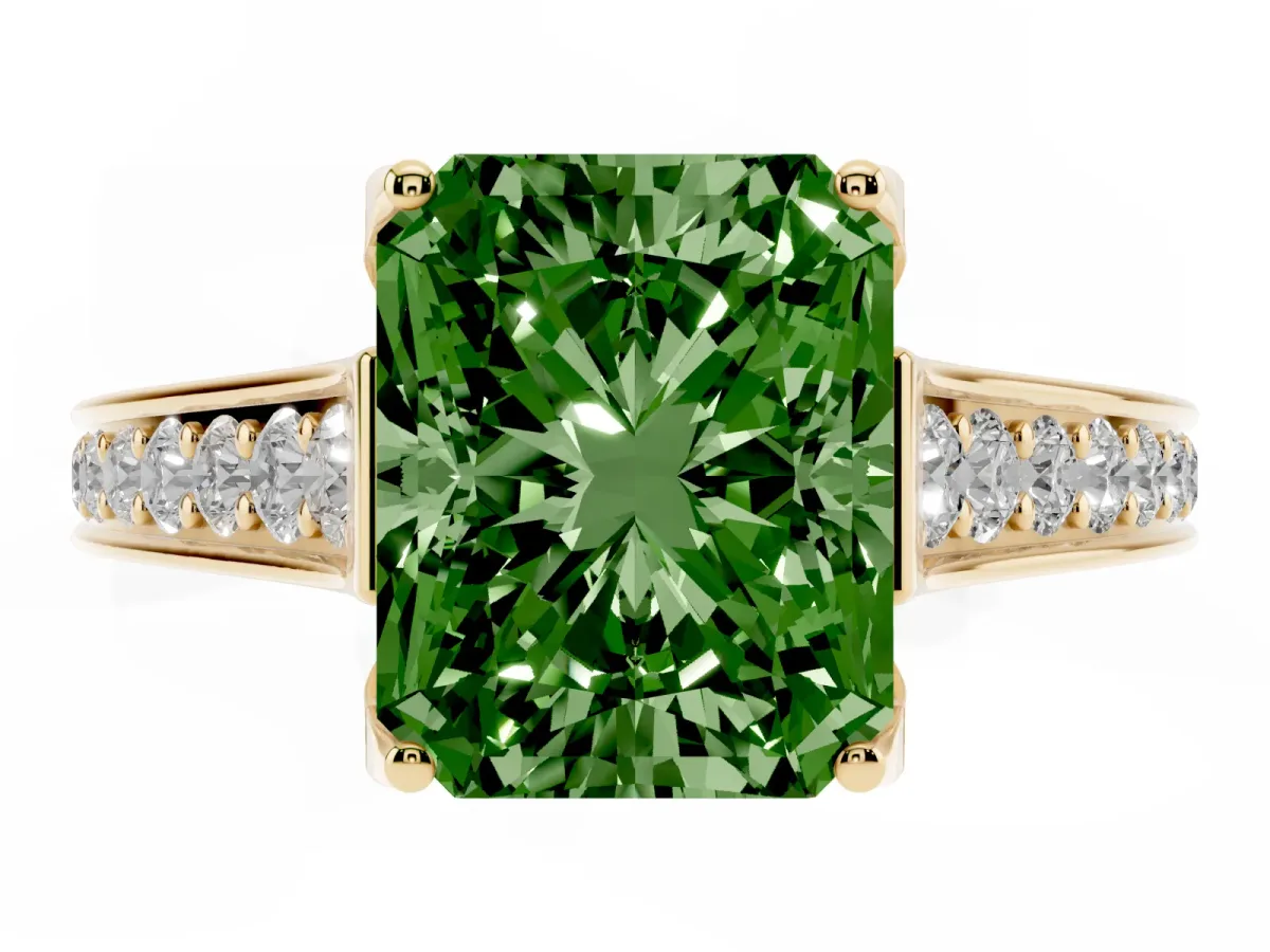 Fancy Green Radiant Cut Brilliant Cut Diamond Engagement Ring with Pavé Band and Four-Prong Setting Yellow gold