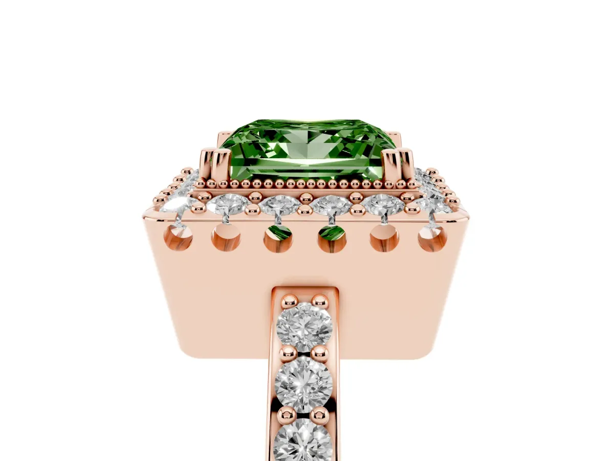 Fancy Green Princess Cut Diamond Halo Ring with Pavé Band and Prong Setting Rose gold