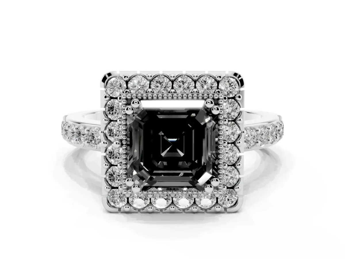 Fancy Black Asscher Cut Diamond Halo Ring with Pavé Band and Prong Setting Platinum