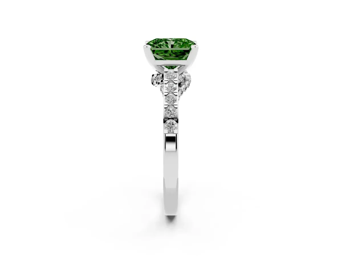Fancy Green Radiant Cut Diamond Solitaire Ring with Crossover Gallery and Round Pavé Band White gold