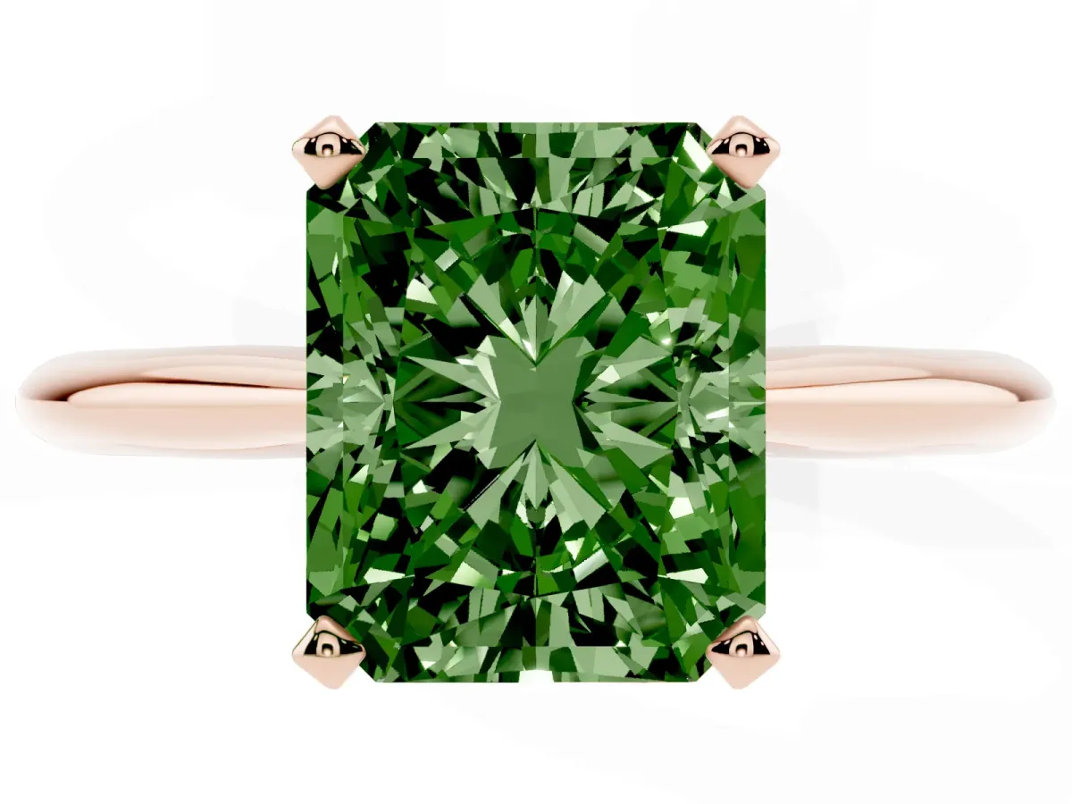 Fancy Green Radiant Cut Cut Solitaire Ring with Four-Prong Setting on a Classic Band Rose gold