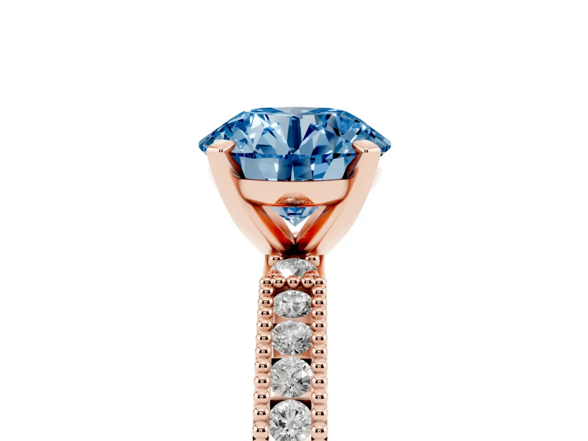 Fancy Blue Round Cut Solitaire with Pavé Band and Four-Prong Setting Rose gold