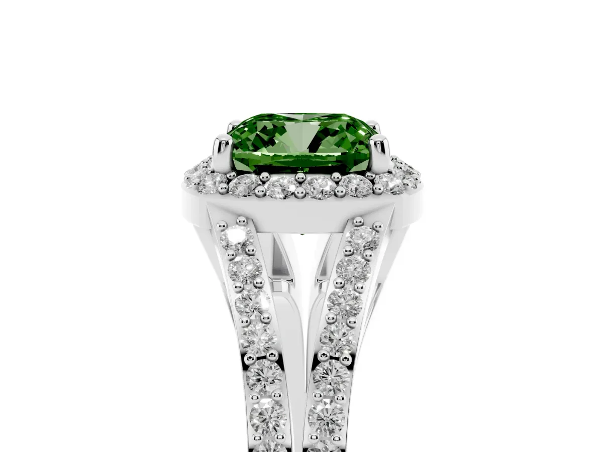 Fancy Green Cushion Cut Halo Split Shank Pave Diamond Ring with Four-Prong Setting Silver