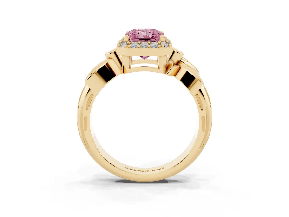 Fancy Pink Radiant Cut Halo Diamond Floral Band with Four-Prong Setting Yellow gold