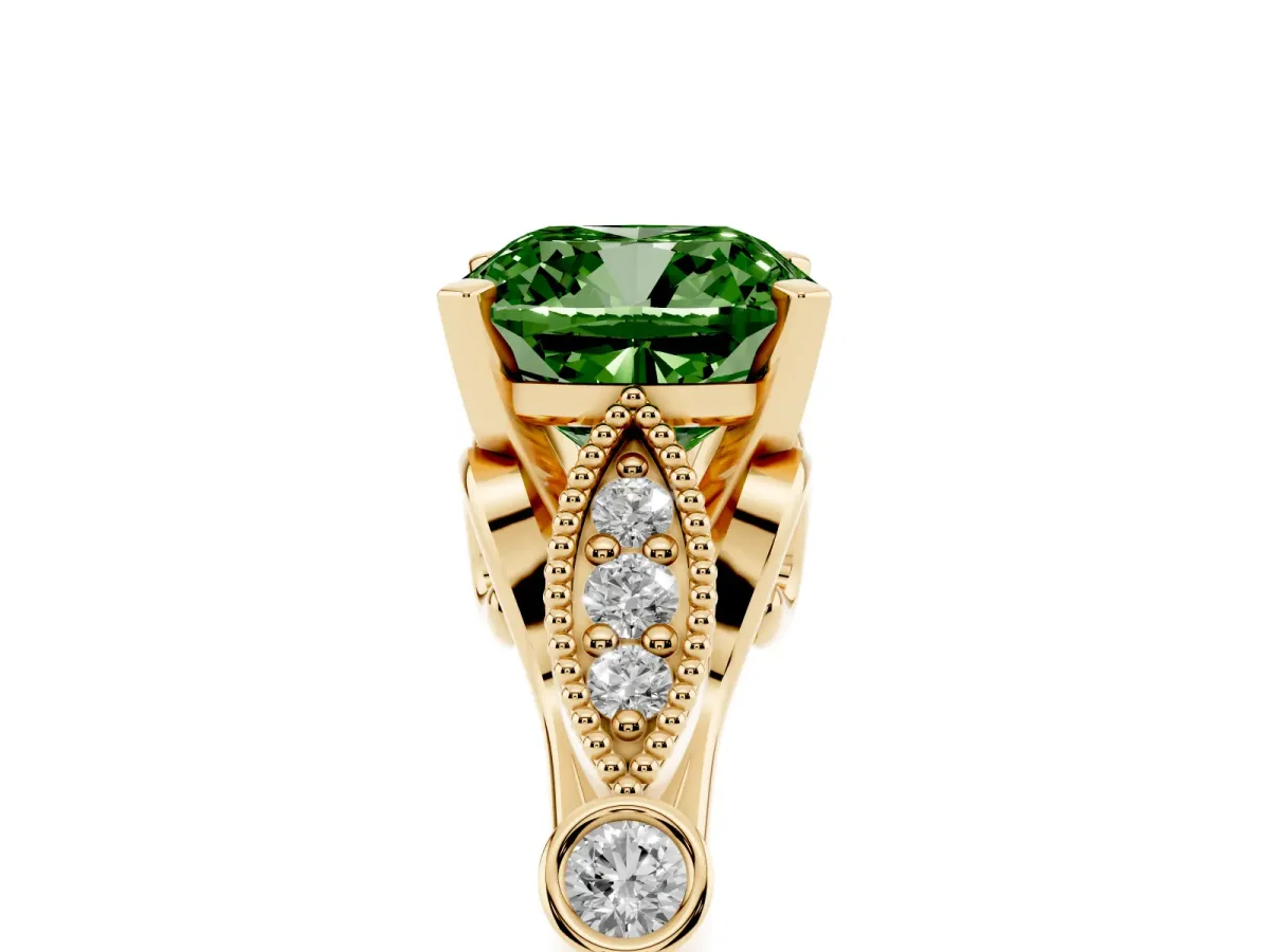 Fancy Green Cushion Cut Cut Diamond with Milgrain Marquise and Bezel Accents on a Solitaire Band with Prong Setting Yellow gold