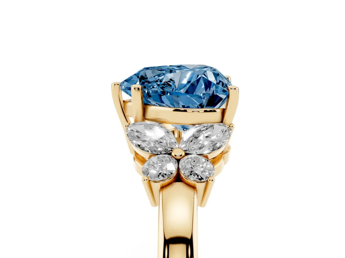 Fancy Blue Heart Cut Cut Solitaire Floral Diamond Ring with Four-Prong Setting Yellow gold