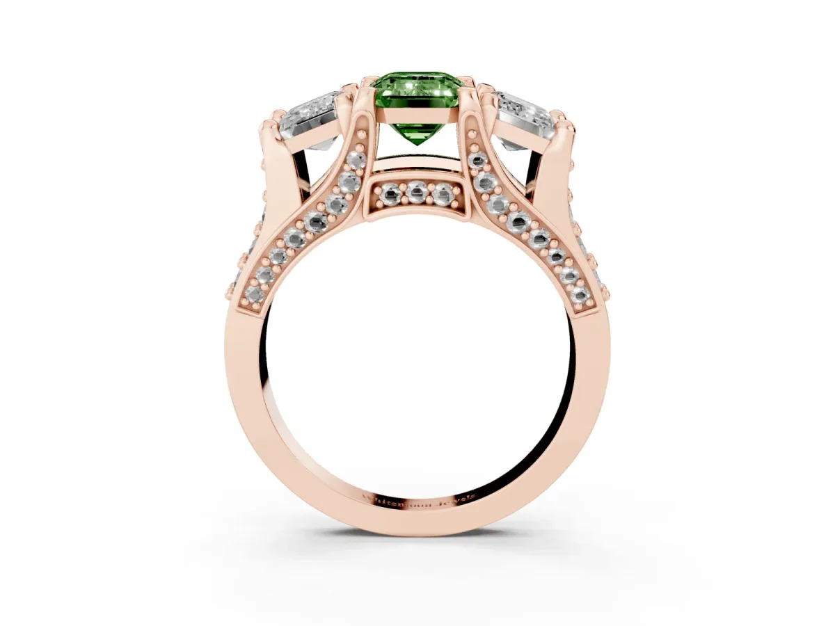 Fancy Green Emerald Cut Diamond Three-Stone Ring with Channel Set Band and Four-Prong Setting Rose gold