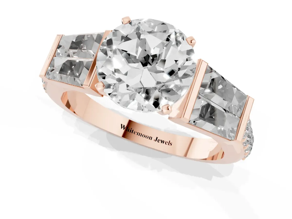 Round Cut Diamond Engagement Ring with Baguette Side Stones and Channel Set Band Rose gold