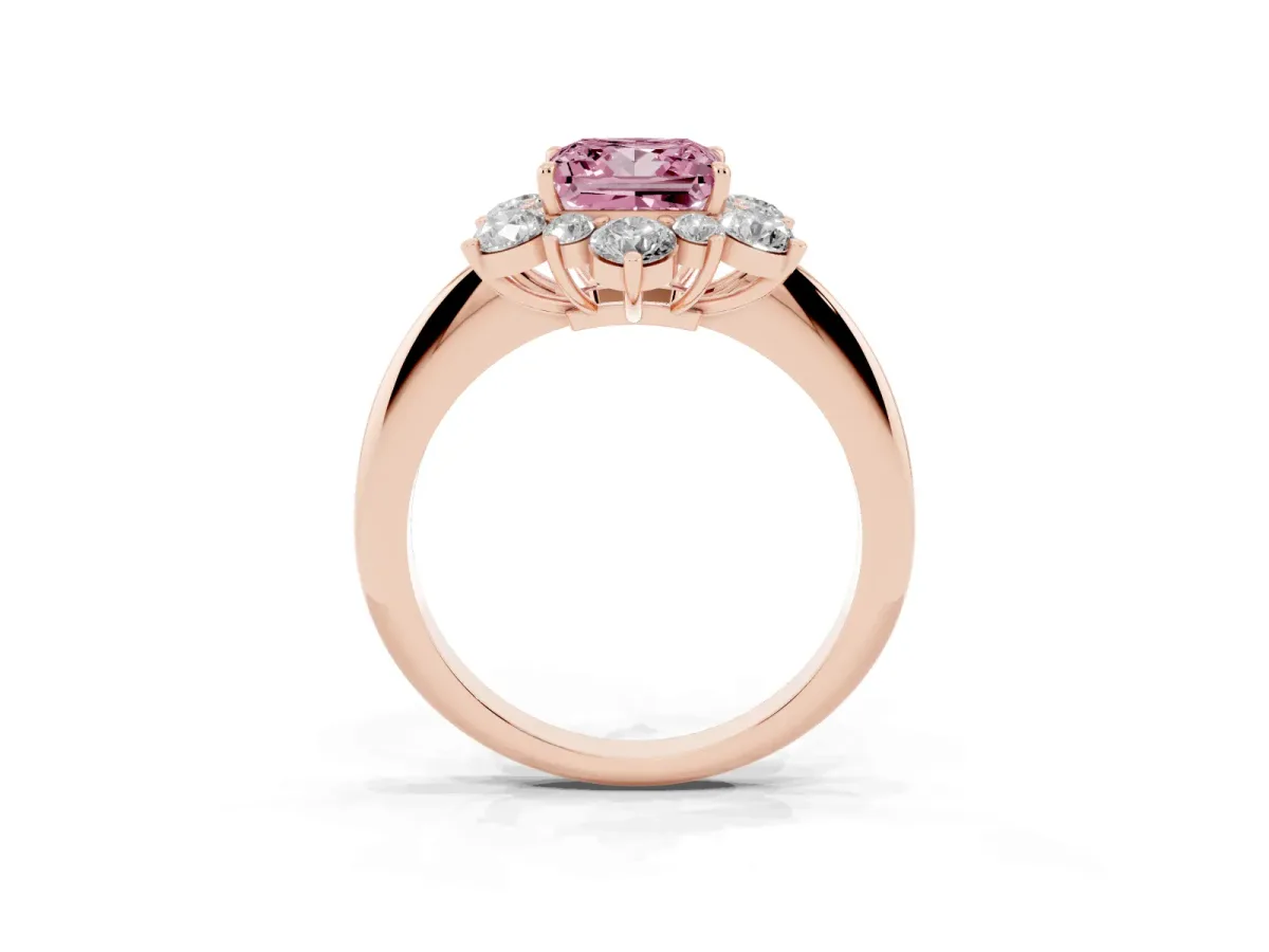 Fancy Pink Princess Cut Diamond Cluster Halo Ring with Solitaire Band and Four-Prong Setting Rose gold
