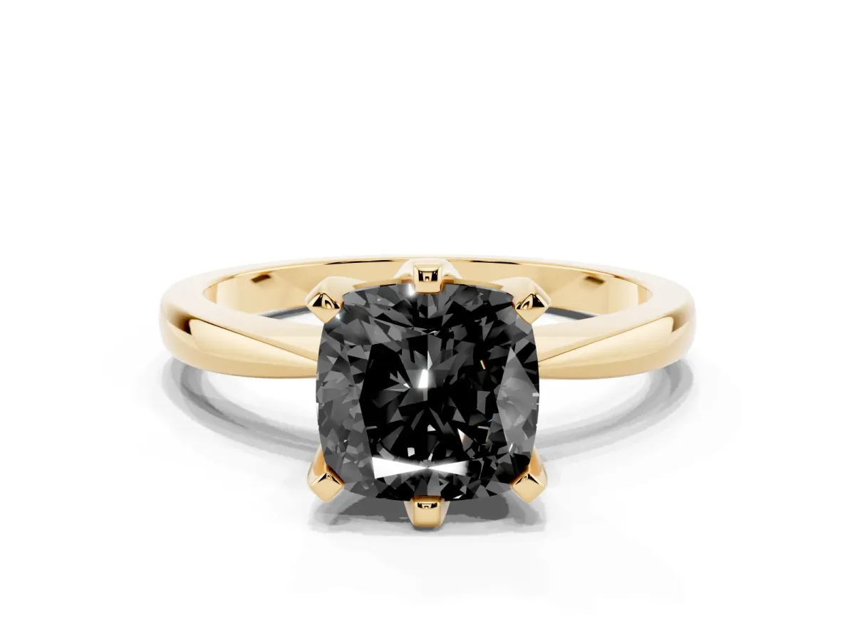 Fancy Black Cushion Cut Solitaire Engagement Ring with Six-Prong Setting and Tapered Band Yellow gold