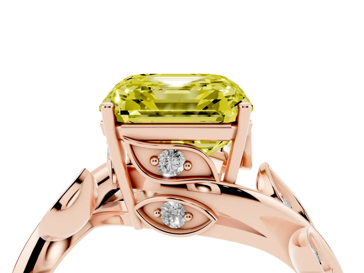 Fancy Yellow Asscher Cut Solitaire Twist Engagement Ring with Leaf Accents and Prong Setting Rose gold
