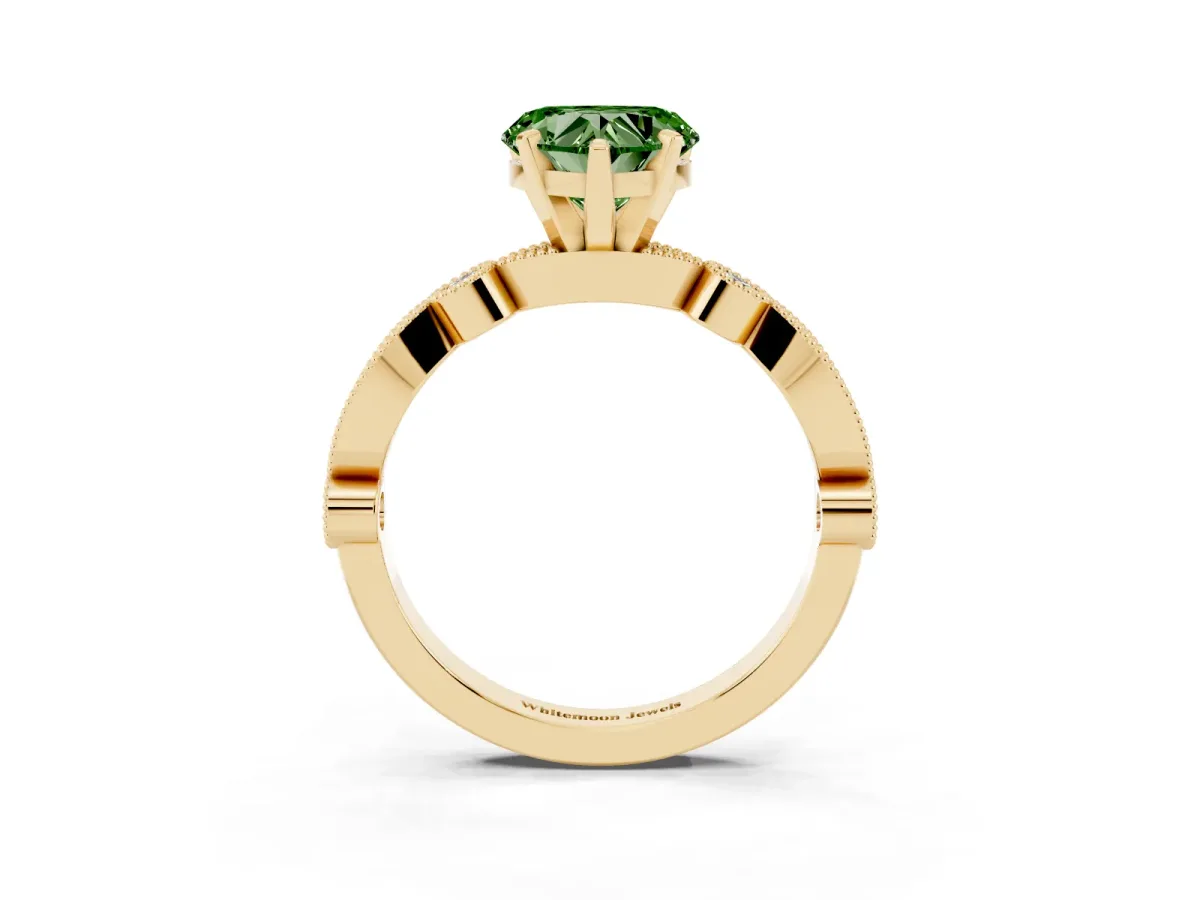 Fancy Green Heart Cut Milgrain Bezel Diamond Engagement Ring with Solitaire Prong Setting Yellow gold