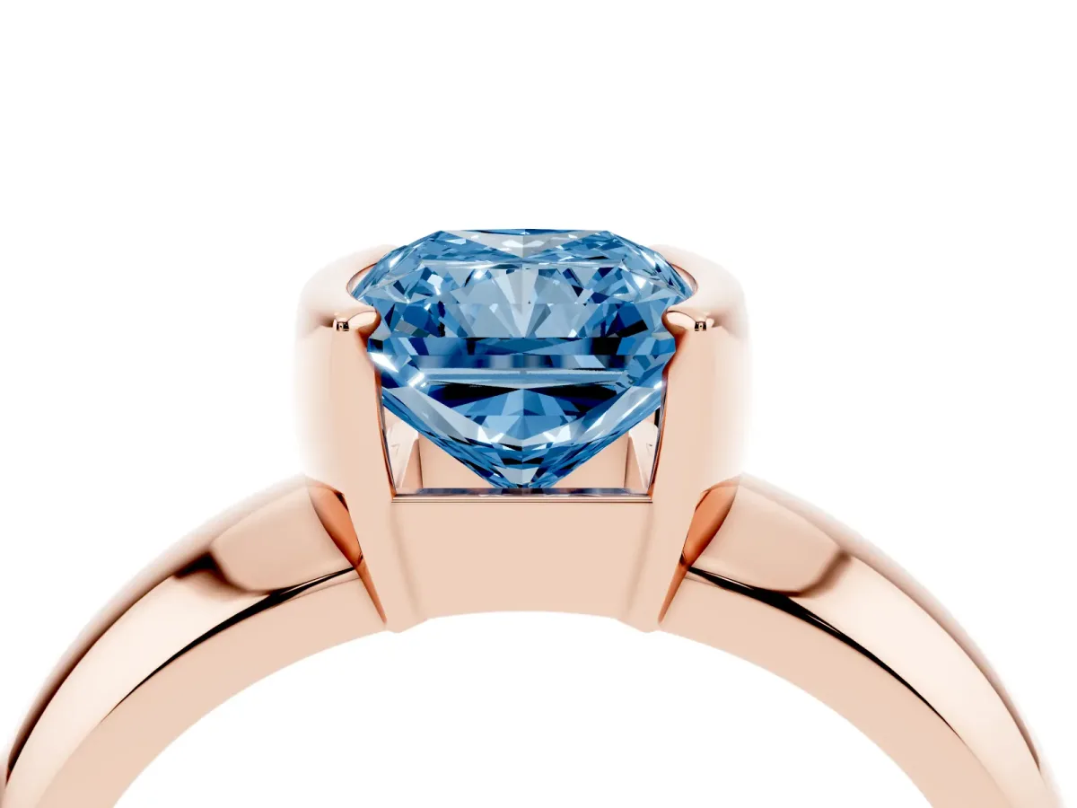 Fancy Blue Radiant Cut Solitaire Tension Set Diamond Ring with Wide Band Rose gold