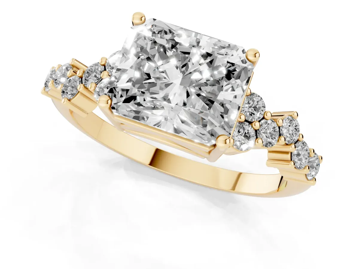 Radiant Cut Diamond Scattered Round Accent Ring with Prong Setting Yellow gold